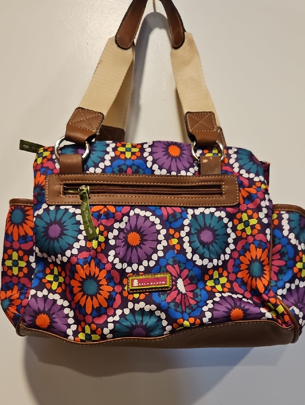 Colorful Floral Tote Bag with Brown Trim